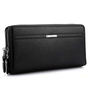 Men's double zipper business clutch bag in black lychee grain leather, long wallet style