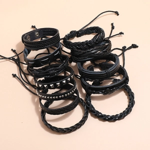 Set of 12 vintage multi-layer black woven leather bracelets with metal studs for men