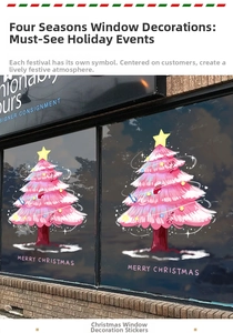 Pink hand-drawn Christmas tree window stickers with Merry Christmas text for shop display