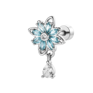 Silver flower cartilage stud featuring blue marquise gems and clear water drop pendant