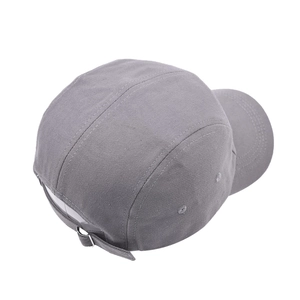 Medium gray 5-panel baseball cap with adjustable metal buckle and breathable top eyelets