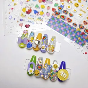 Embossed Nail Art Stickers Sunflowers Hearts Smile Faces Cartoon Self Adhesive Manicure Decoration For Women