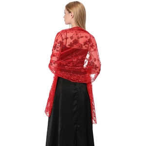 Back view of a red sequin embroidered lace shawl with floral patterns for formal wear