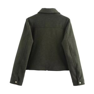 Back view of dark green short jacket with straight back seam and golden buttons on cuffs