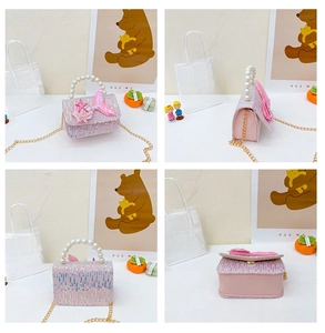 Detailed views of kids' sequins handbag with pearl handle and fish tail decor