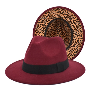 Stylish burgundy wool fedora hat for women with leopard print underbrim and black ribbon band