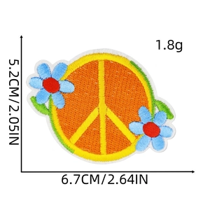 Detail of embroidered peace sign and floral patch with size and weight dimensions