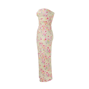 Robe maxi bustier fleurie ajustée en jaune clair avec motifs floraux roses et violets