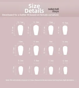 Tableau détaillé des tailles pour faux ongles ballerine avec 12 dimensions et 24 pièces