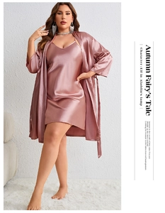 Detail of elegant dusty pink silk satin bathrobe set with v-neck slip dress on a model