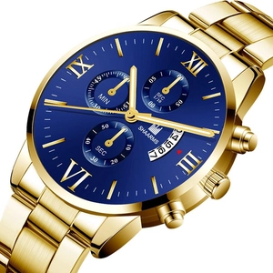 Detail of gold chronograph watch with Roman numerals and blue sunray dial by SHAARMS