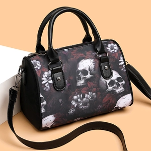Gothic skull and floral print oxford boston handbag with adjustable crossbody strap