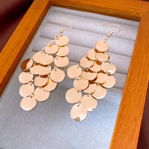 Multi-layer gold sequin disc drop earrings with elegant fishhook design for women