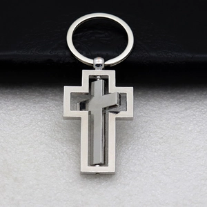 Macro detail of a silver rotating cross keychain with dual-layer metal frame design