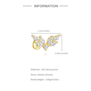 Detailed view of leaf-shaped S925 sterling silver stud with dimensions and zircon inlay