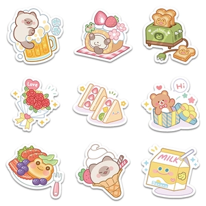 9pcs cute dessert bear stickers set with cat frog and food motifs for DIY journals