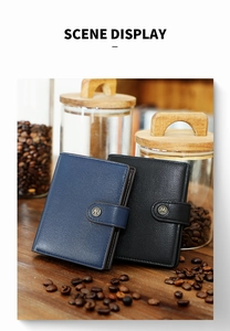 Detailed scene of RFID men's wallets in black and blue lychee grain texture with snap buckle