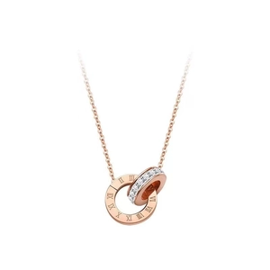 Rose gold titanium steel necklace featuring double rings with Roman numerals and zircons