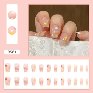 Icy pink press-on nails set with rainbow and heart patterns in short square shape