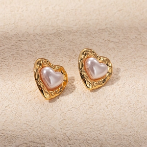 Retro gold heart earrings with white pearl center for women minimalist daily wear