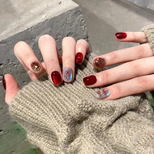 Red Cat Eye Press On Nails ABS Plastic 3D Bow Knot Short Square Detachable Artificial Fake Nail Tips For Women