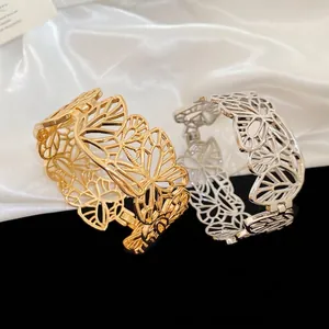 Hollow Out Butterfly Bangle Bracelet Alloy Metal Wide Band Opening Clasp Elegant Niche Design Jewelry For Women
