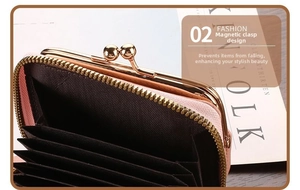 Pink PU leather wallet with zipper accordion card slots and secure metal buckle detail