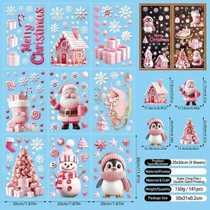 Set of 9 double-sided pink Christmas window clings with Santa and Reindeer designs