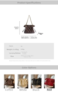 Detailed chart showing PU material specs and dimensions for the large quilted bucket bag