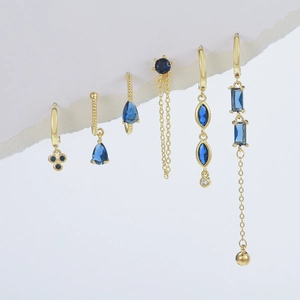 Women Geometric Deep Blue Zirconia Earring Set Copper Gold Plated Tassel Chain Ear Cuffs Stud Earrings Fashion Jewelry Gift