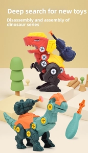 Close-up of DIY dinosaur toy set with screws and screwdriver for assembly and play