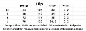 Size chart for women's polyester woven shorts showing waist, hips, and length dimensions