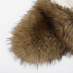 Detailed macro view of warm brown faux fur texture and lining for winter trapper hats