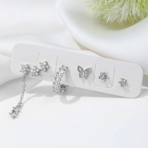 Five-piece silver butterfly and star earring set with sparkling cubic zirconia studs