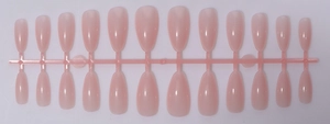 Macro detail of 24 pieces almond shape solid color press-on nails in jelly pink finish