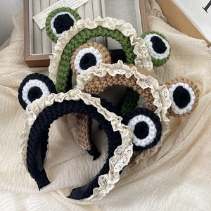 Cute knitted frog headband with large eyes and cream lace trim in three natural colors