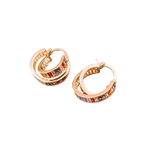 Gold plated double hoop earrings featuring rainbow rectangular gemstones in vintage style