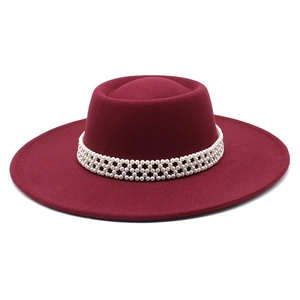Classic burgundy wool felt fedora with wide brim and elegant faux pearl mesh hatband decoration