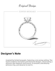 Original design sketch of six-prong moissanite ring with leaf-shaped diamond band