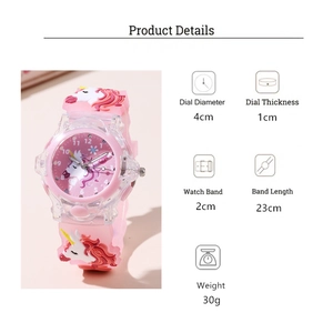 Detail view of pink unicorn kids watch with 3D silicone strap and transparent LED dial