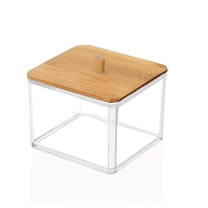 Detail of square acrylic storage box featuring natural bamboo lid with round handle