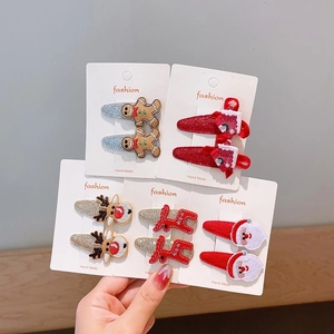 Handmade Christmas hair clips set with gingerbread man and reindeer felt embroidery for girls