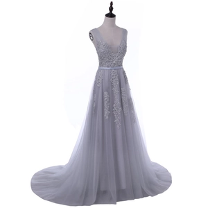 Light grey V-neck evening gown with floral lace embroidery and mesh tulle floor-length skirt