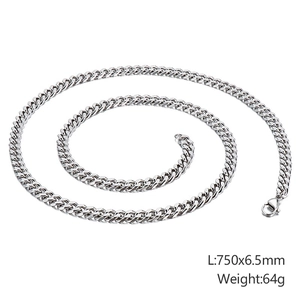 Detail view of silver stainless steel Cuban chain necklace, 750x6.5mm, 64g weight