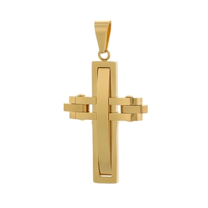 Polished gold stainless steel cross pendant featuring unique link chain design detail
