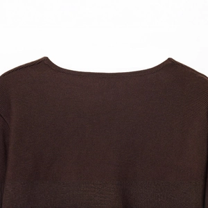 Fashionable dark brown knit cardigan with elegant crew neck and shoulder detail