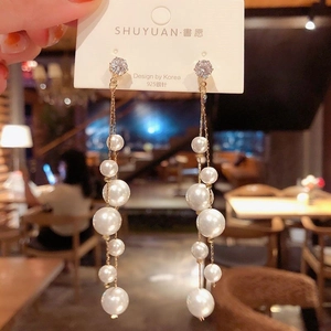 Elegant long tassel pearl earrings with S925 silver needles and sparkling cubic zirconia