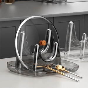 Multifunctional smoke gray kitchen lid and spoon organizer rack with wide drip tray