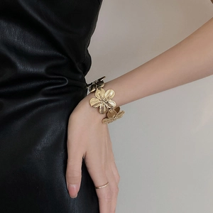 Vintage golden flower open cuff bracelet with textured petals for women's arm decor