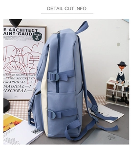 Side view of light blue canvas backpack featuring adjustable side straps and white panels